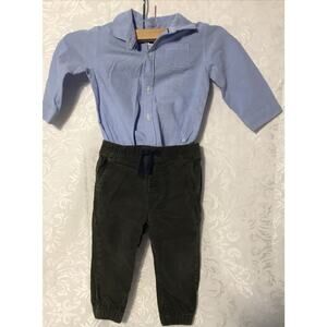 Janie & Jack Set Boys 12-18 Mth Layette OnePiece Blue Shirt Green Corduroy Pants